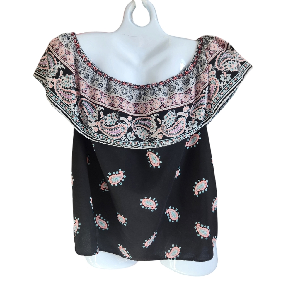 C Romantic Peasant Blouse Loose Flowy Paisly Print Ruffled Trim Bohemian/Folk L - Picture 3 of 14